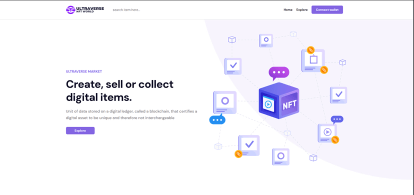 NFT Marketplace interface showing digital asset grid