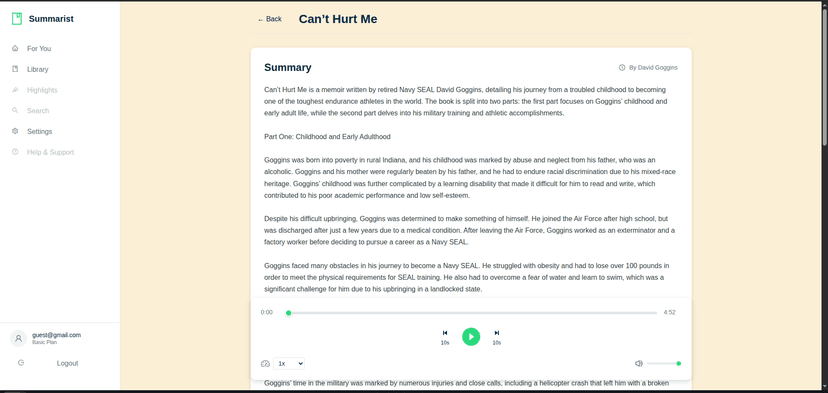Book summary reader interface