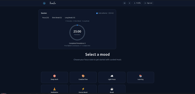 TuneIn app interface showing mood selection and timer