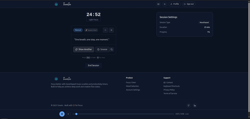 TuneIn music player interface